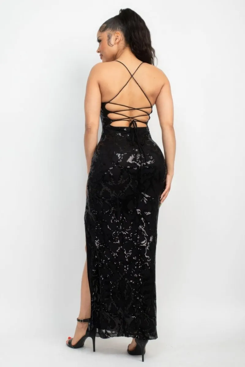 Sequin Back-crisscross Tie Slit Dress