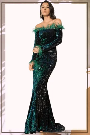 Sequin Strapless Feather Emerald Green Long Sleeve Maxi Dress