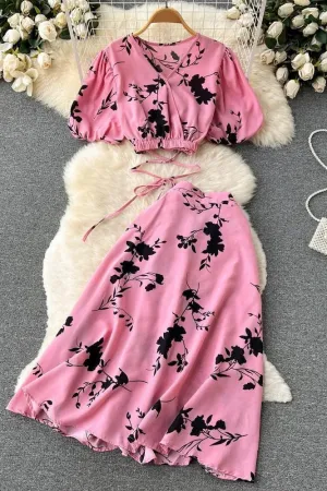 Set Floral Print Bandage Crop Tops   A-line Knee-length Skirts Two Piece Suits