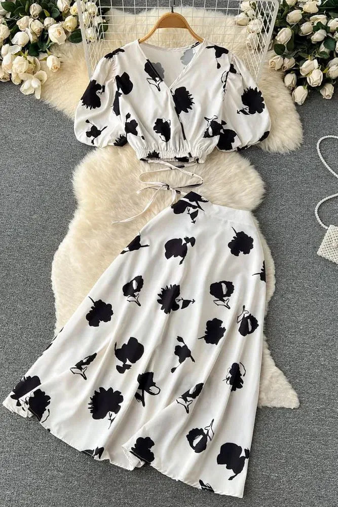 Set Floral Print Bandage Crop Tops   A-line Knee-length Skirts Two Piece Suits