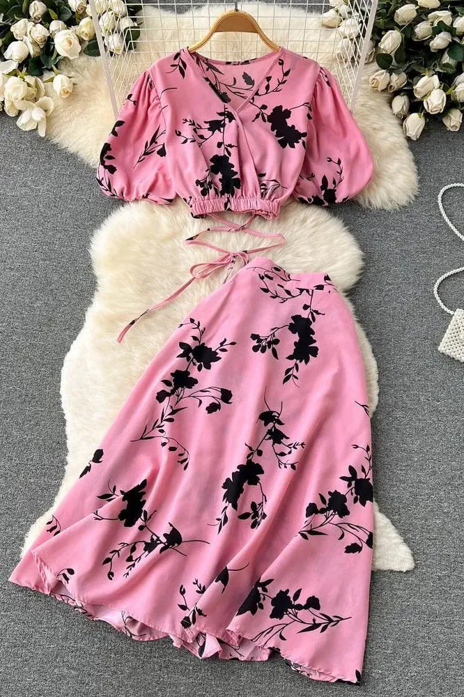 Set Floral Print Bandage Crop Tops   A-line Knee-length Skirts Two Piece Suits