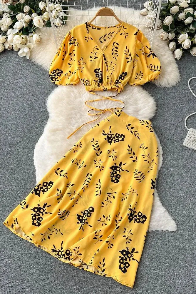 Set Floral Print Bandage Crop Tops   A-line Knee-length Skirts Two Piece Suits