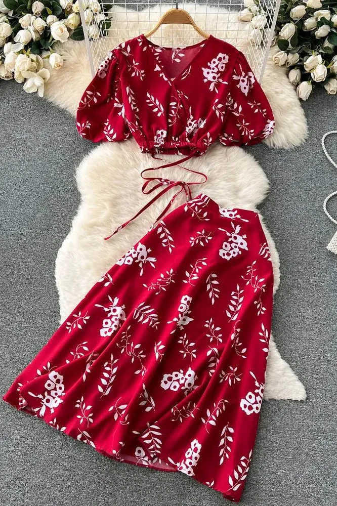 Set Floral Print Bandage Crop Tops   A-line Knee-length Skirts Two Piece Suits