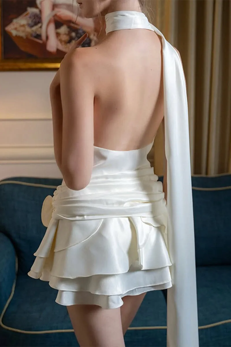 Sexy Backless Flounce Flower Shape Halter A Line Dresses
