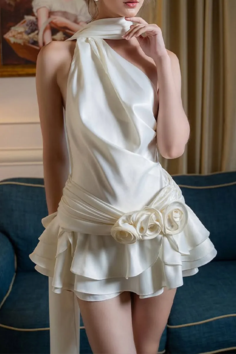 Sexy Backless Flounce Flower Shape Halter A Line Dresses