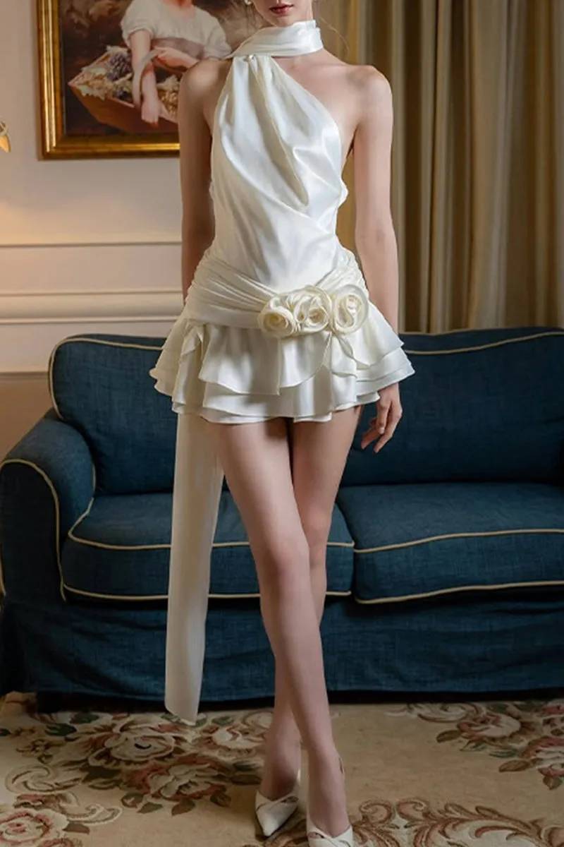 Sexy Backless Flounce Flower Shape Halter A Line Dresses