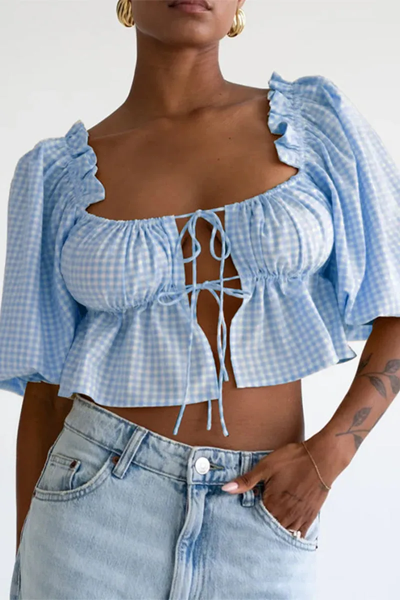 Sexy Daily Plaid Lace Up Patchwork Blouses