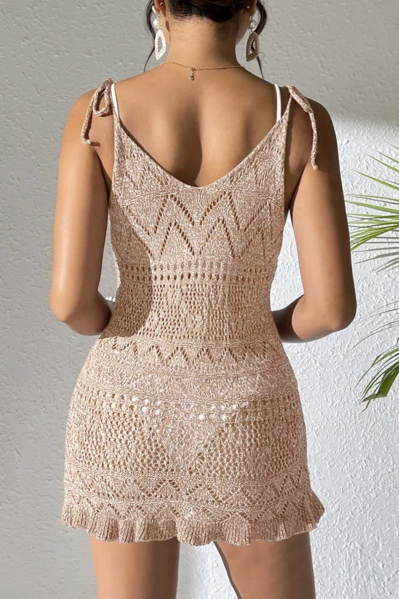 Sexy Vacation Solid Color Hollow Out Lace Up See-Through Backless Spaghetti Strap Beach Dresses(7 Colors)