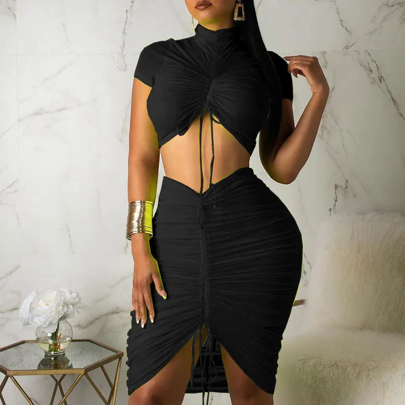 Short Sleeve Pleats Bodycon Top & Skirts Set