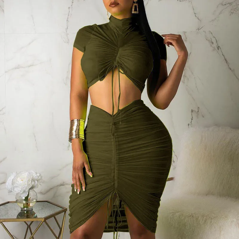 Short Sleeve Pleats Bodycon Top & Skirts Set
