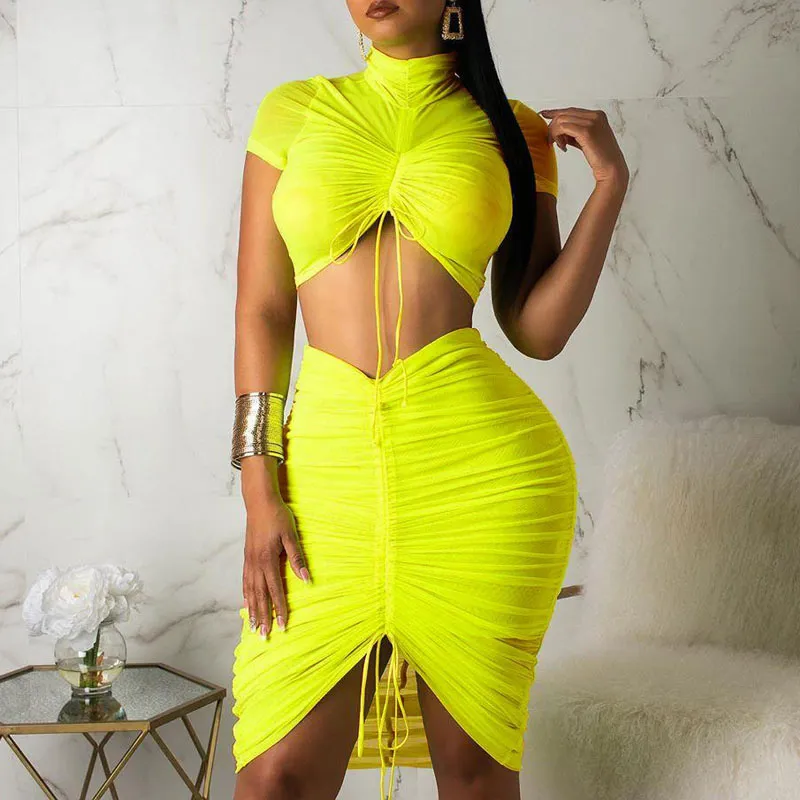 Short Sleeve Pleats Bodycon Top & Skirts Set