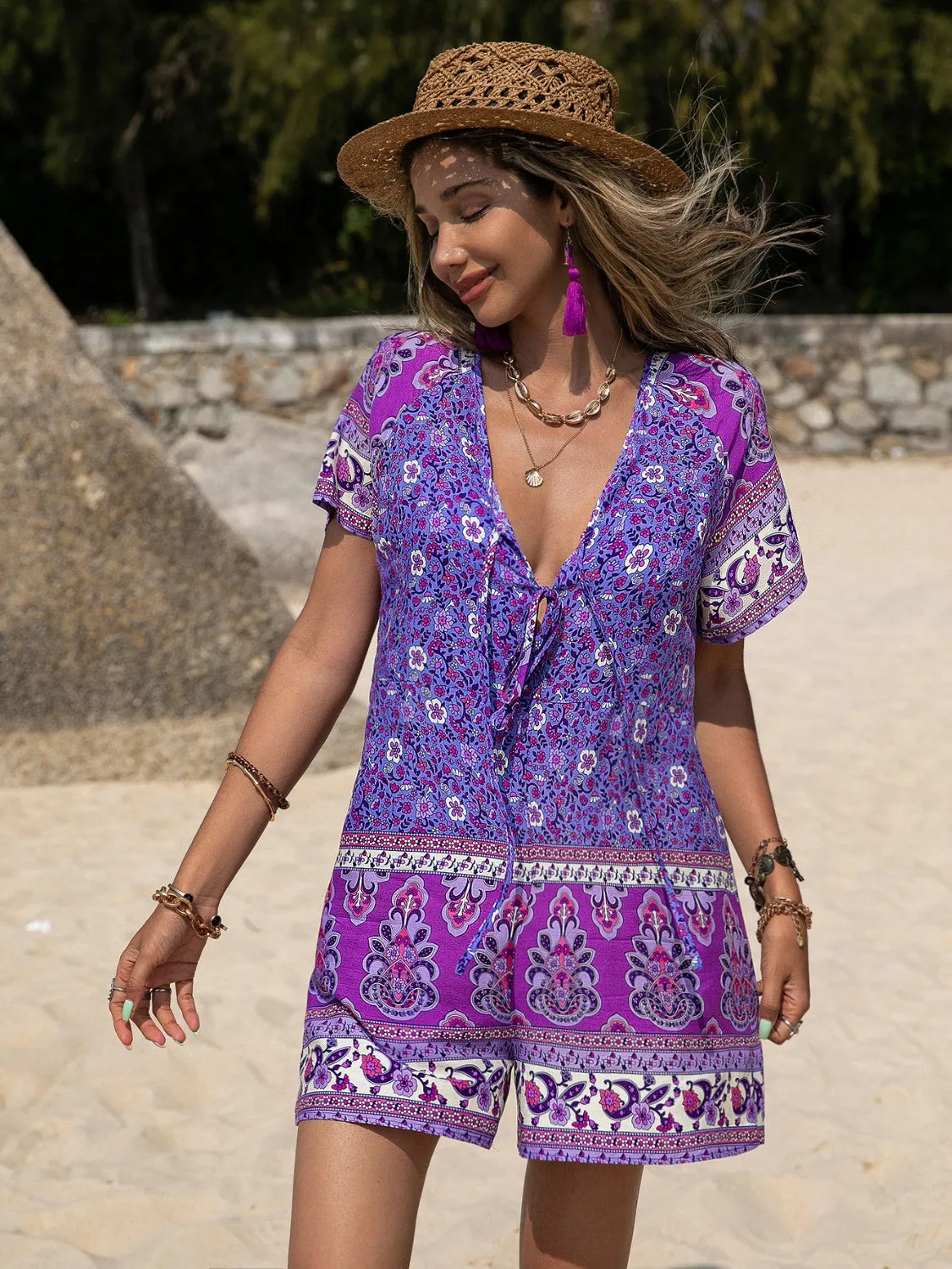 Short Sleeve Shorts Romper Tied Boho Printed
