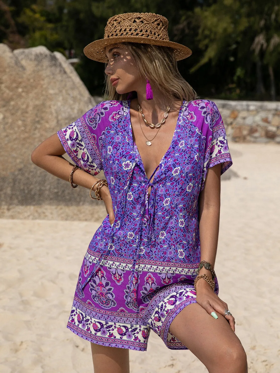 Short Sleeve Shorts Romper Tied Boho Printed
