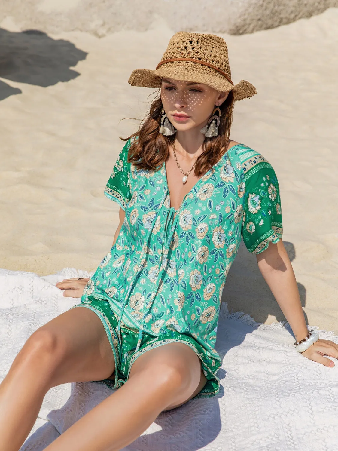 Short Sleeve Shorts Romper Tied Boho Printed