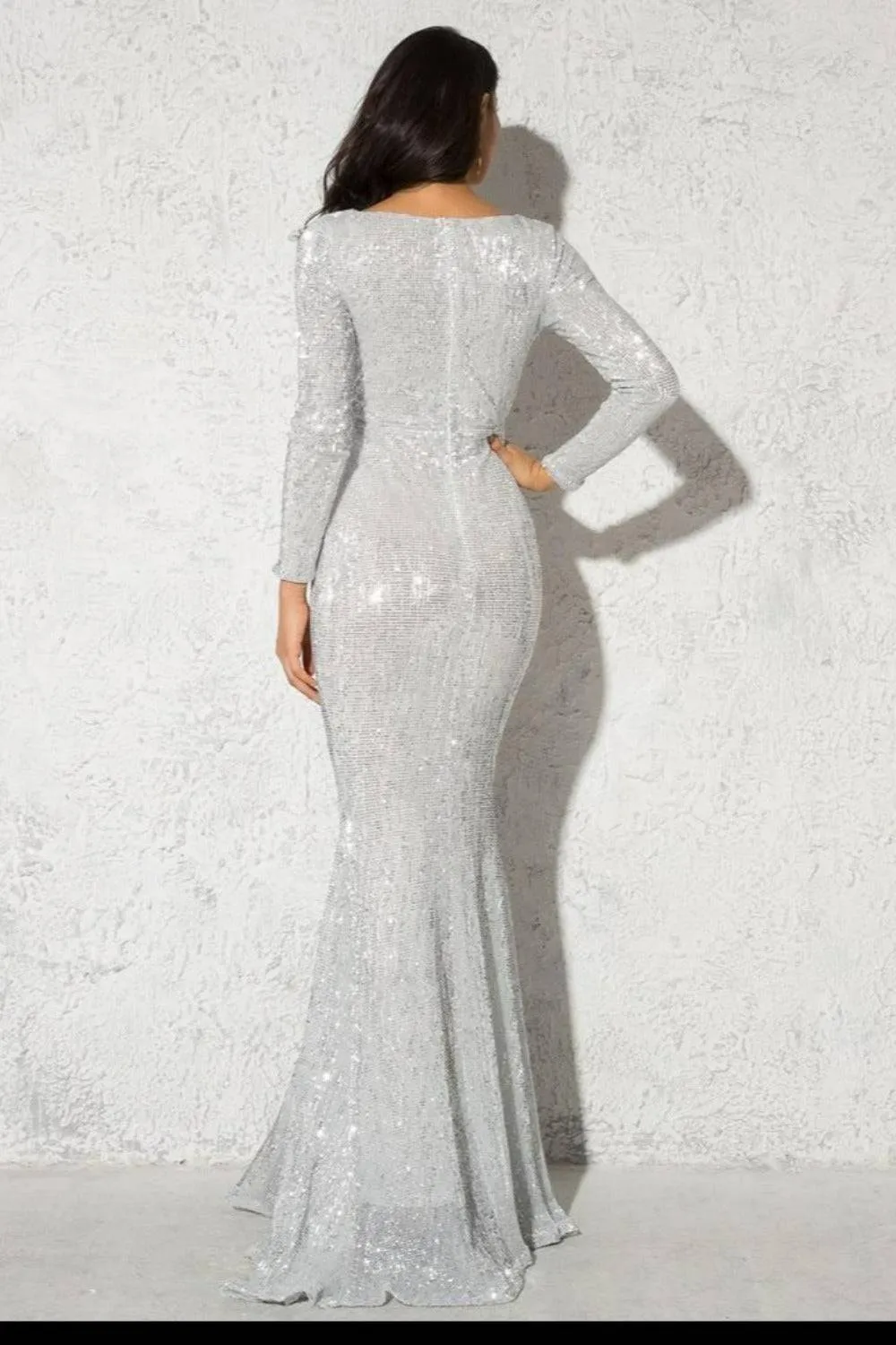 Silver Long Sleeve Elastic Sequins Mermaid Maxi Dress