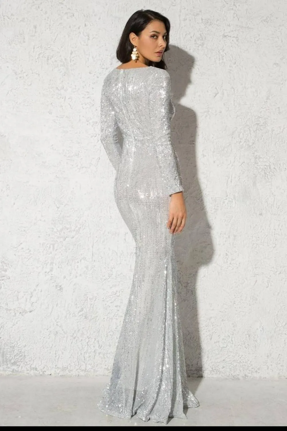 Silver Long Sleeve Elastic Sequins Mermaid Maxi Dress