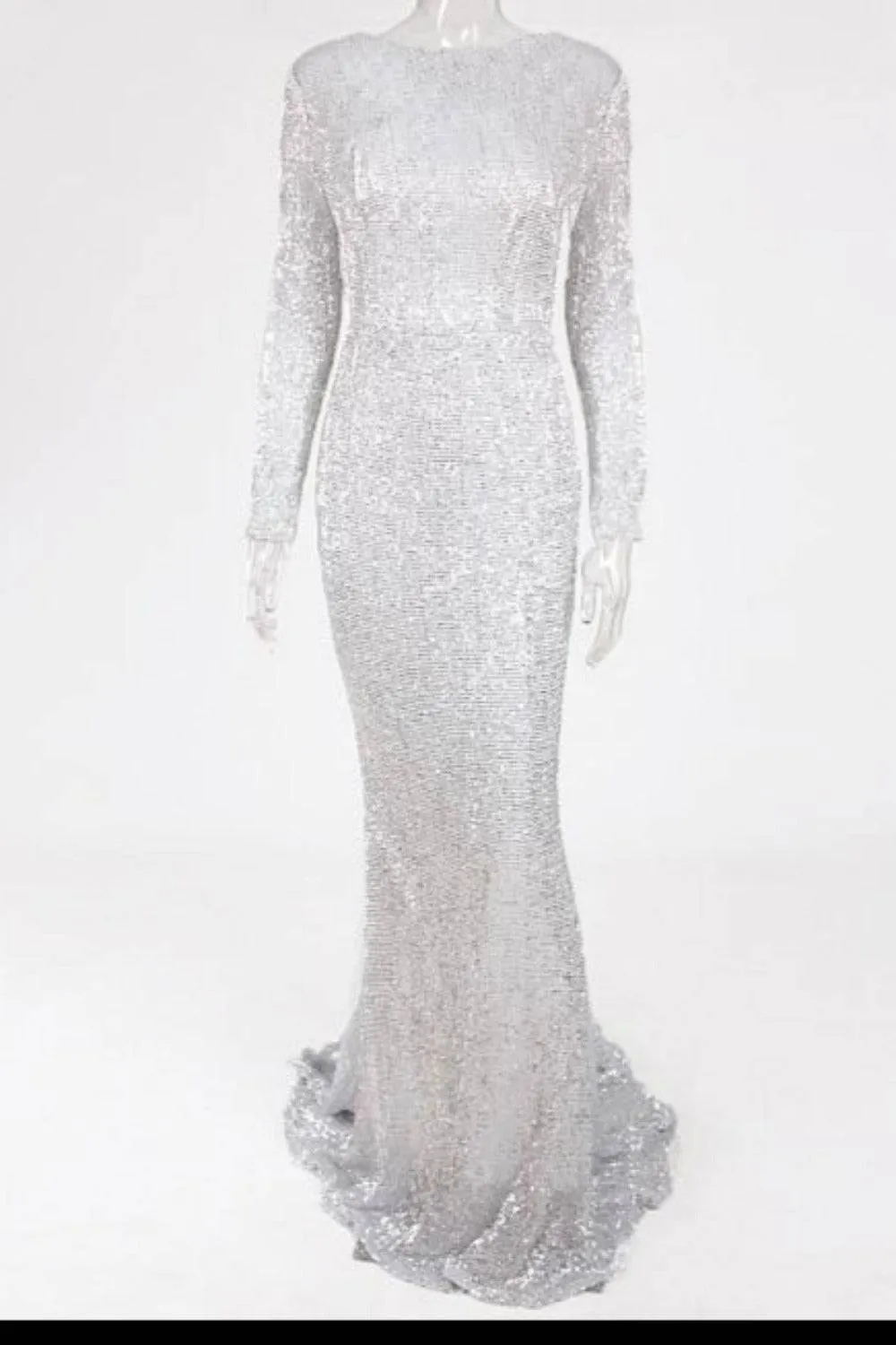 Silver Long Sleeve Elastic Sequins Mermaid Maxi Dress