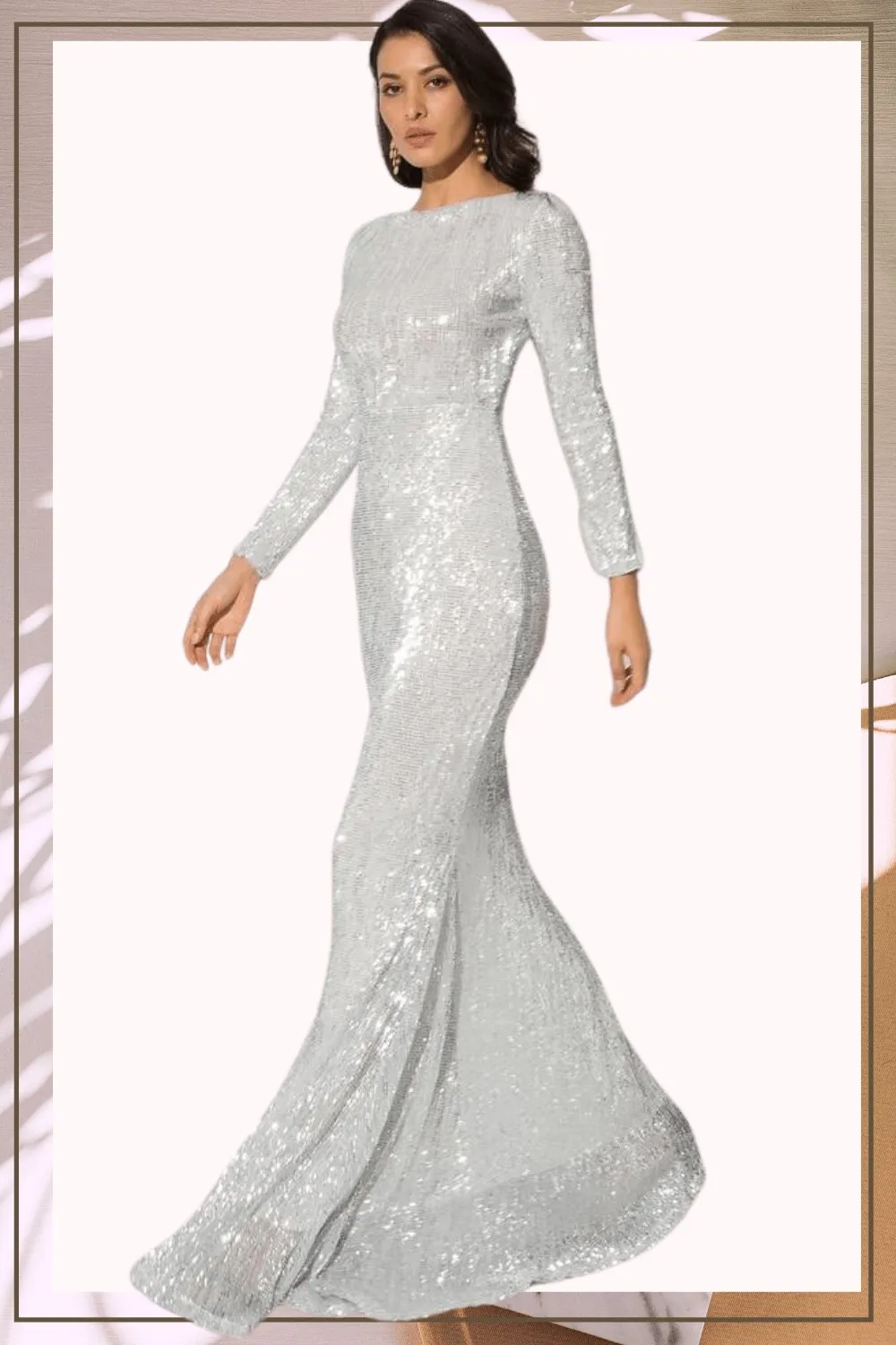 Silver Long Sleeve Elastic Sequins Mermaid Maxi Dress