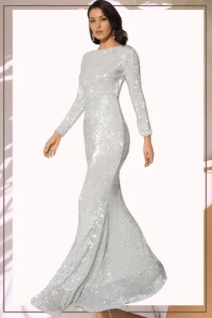 Silver Long Sleeve Elastic Sequins Mermaid Maxi Dress