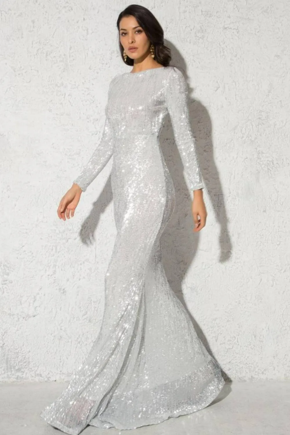 Silver Long Sleeve Elastic Sequins Mermaid Maxi Dress