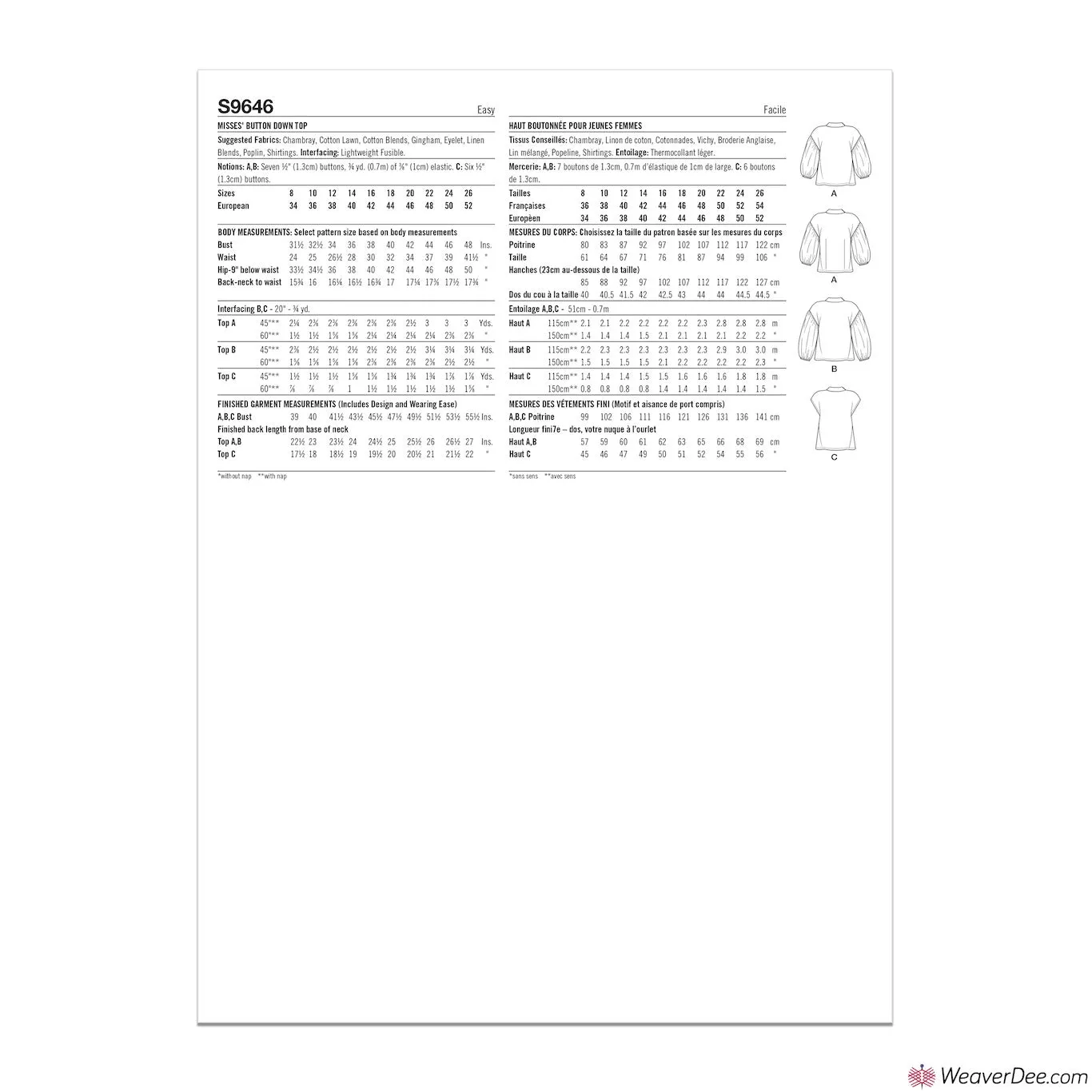 Simplicity Pattern S9646 Misses' Button Down Top
