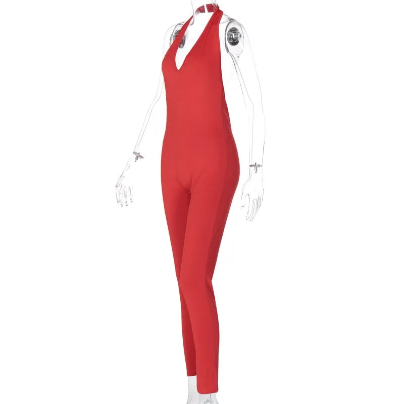 Solid Bodycon Halter Long Jumpsuits