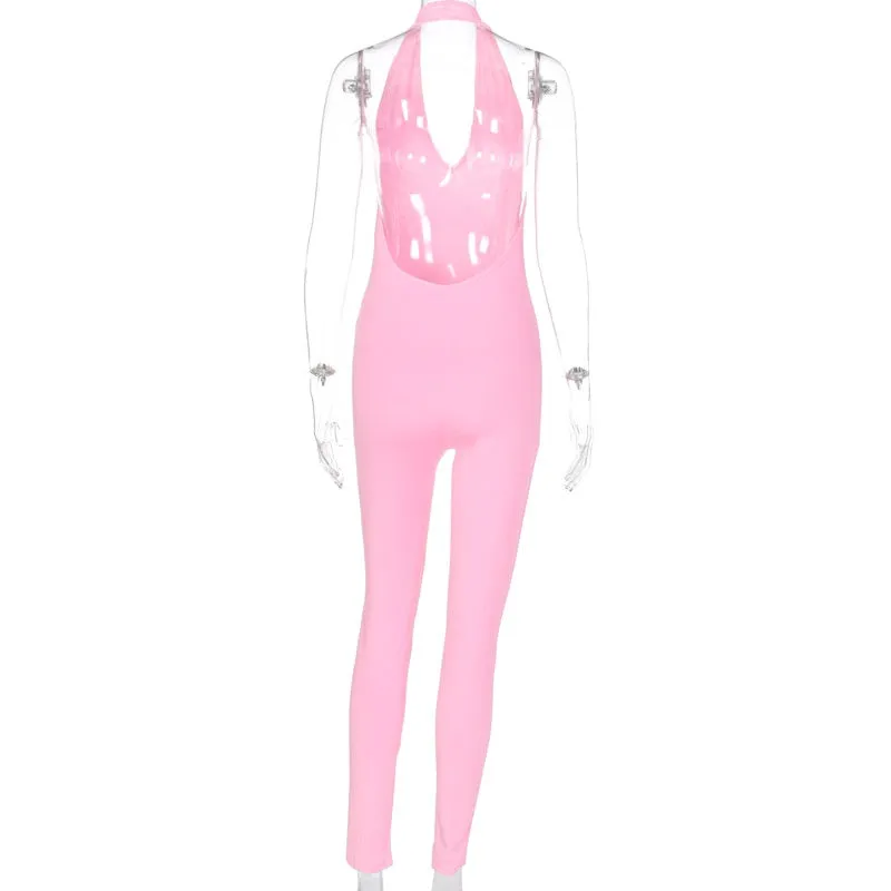 Solid Bodycon Halter Long Jumpsuits