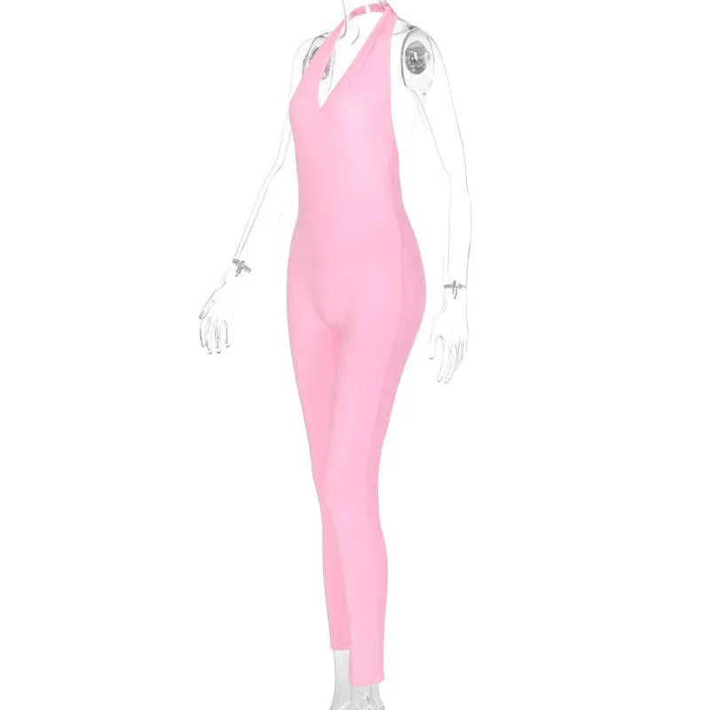 Solid Bodycon Halter Long Jumpsuits