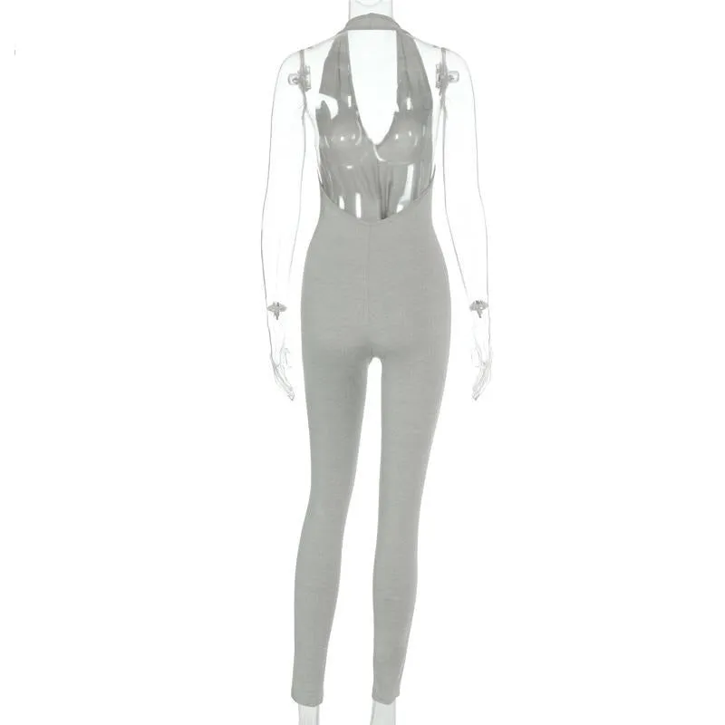 Solid Bodycon Halter Long Jumpsuits