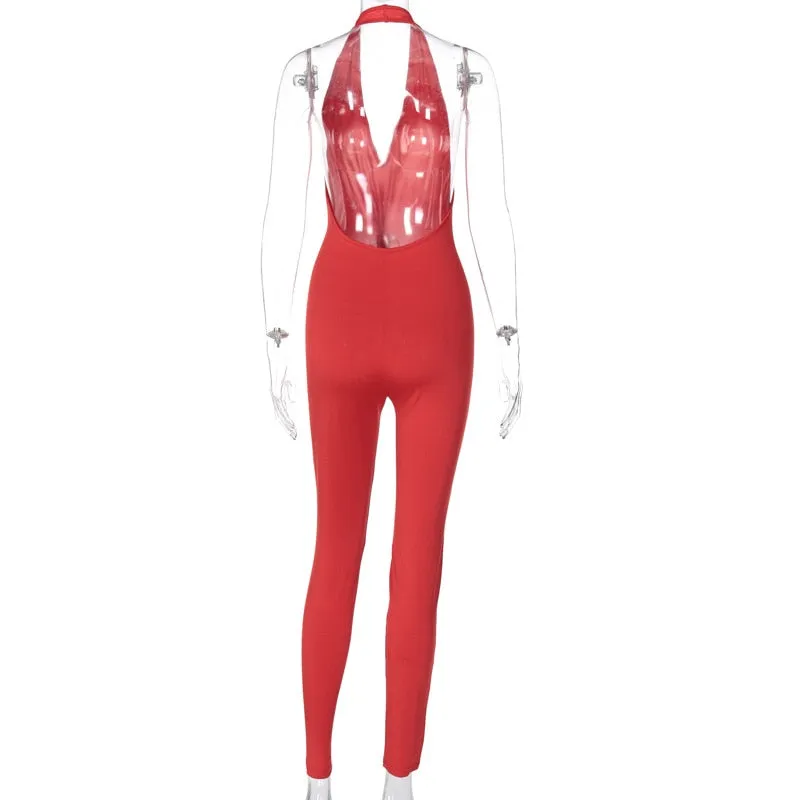 Solid Bodycon Halter Long Jumpsuits