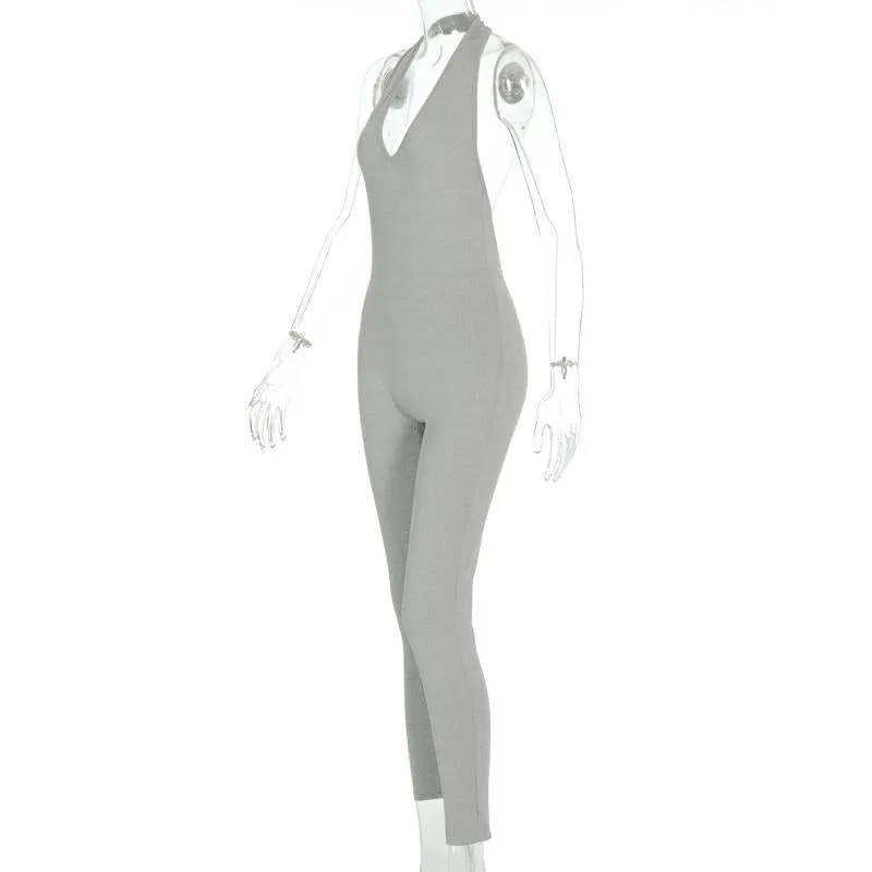 Solid Bodycon Halter Long Jumpsuits