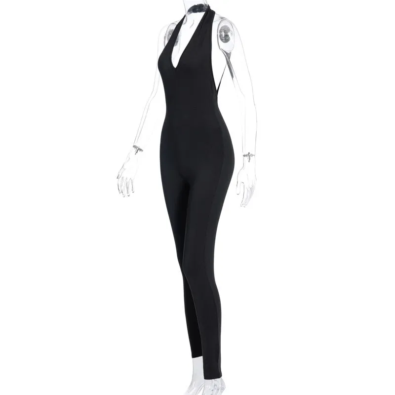 Solid Bodycon Halter Long Jumpsuits
