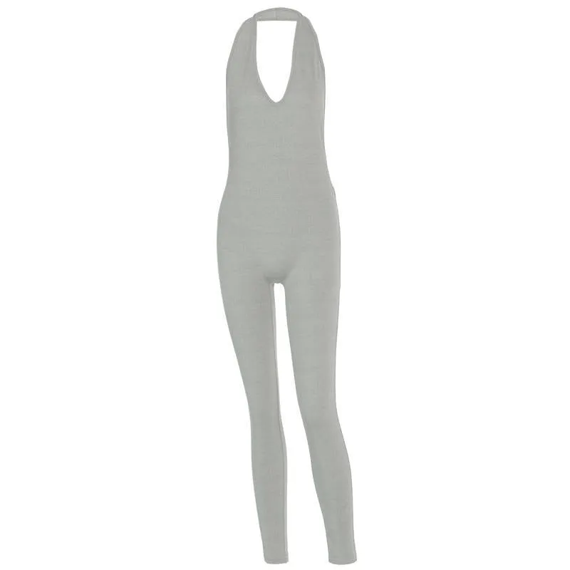 Solid Bodycon Halter Long Jumpsuits