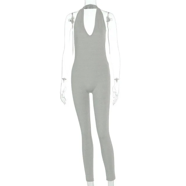 Solid Bodycon Halter Long Jumpsuits