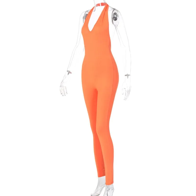 Solid Bodycon Halter Long Jumpsuits