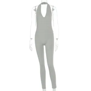 Solid Bodycon Halter Long Jumpsuits