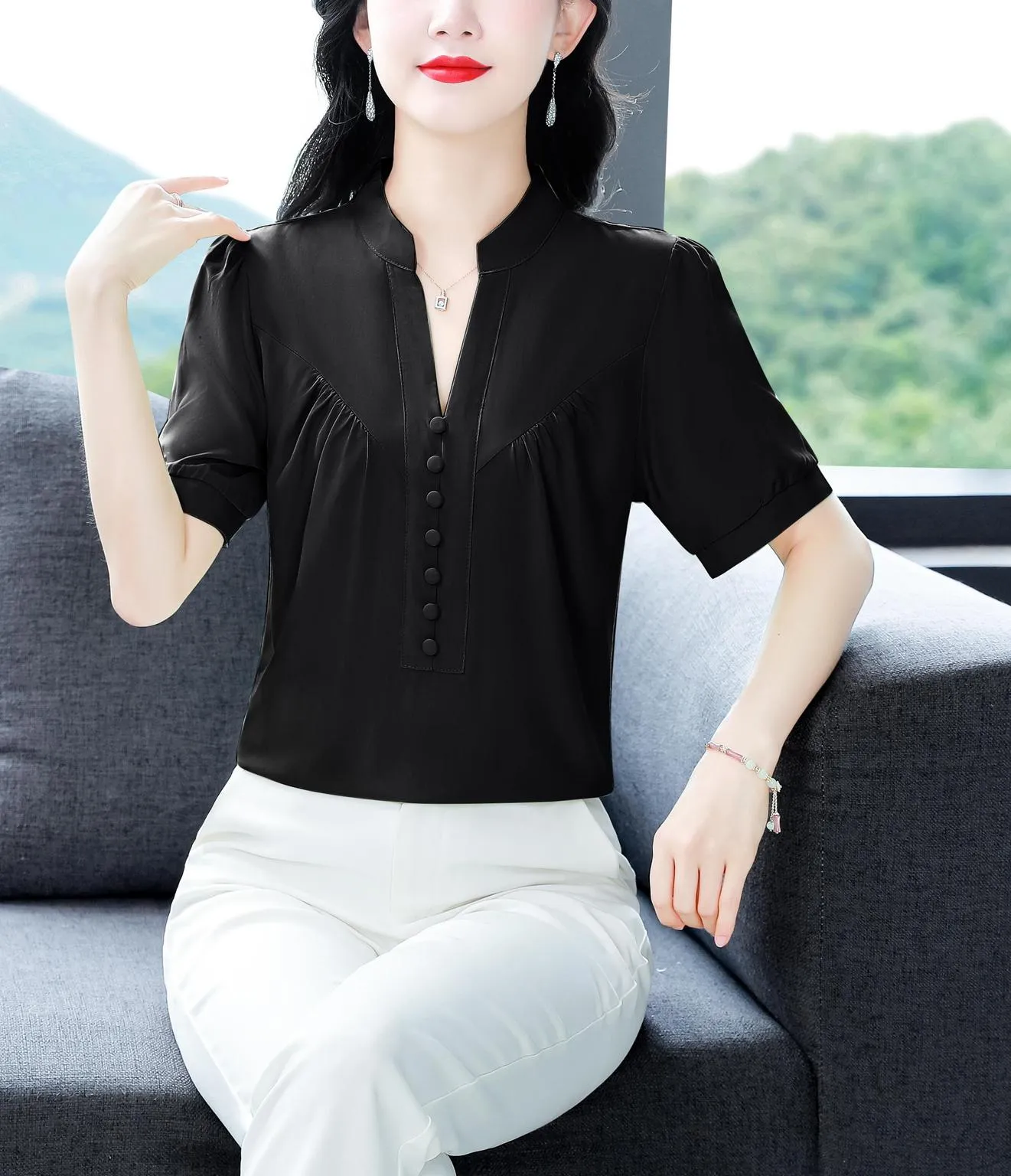 Solid Chiffon Blouse for Women Featuring Chic Button Decoration