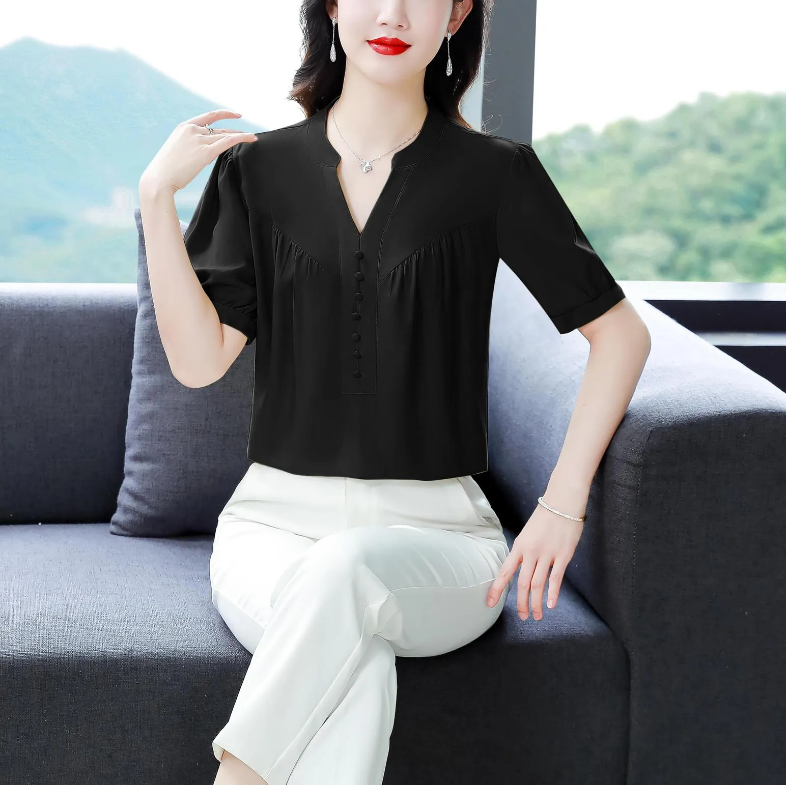 Solid Chiffon Blouse for Women Featuring Chic Button Decoration