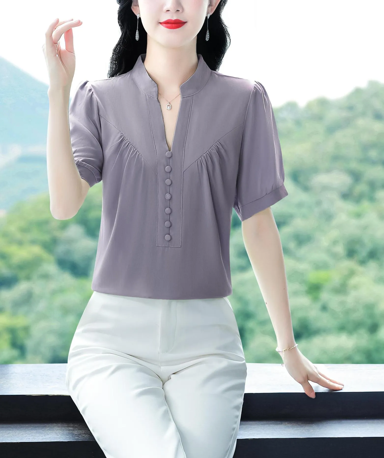 Solid Chiffon Blouse for Women Featuring Chic Button Decoration