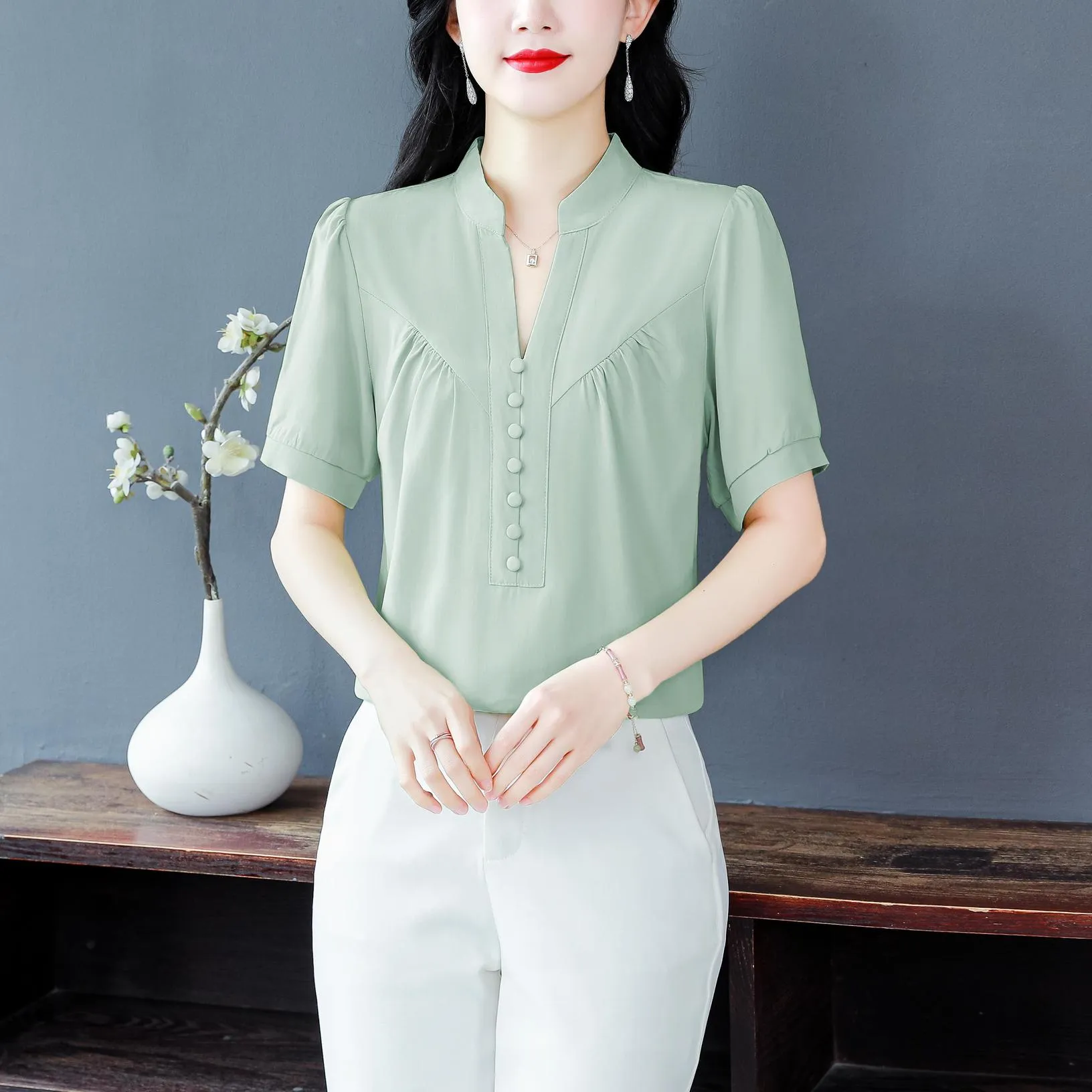 Solid Chiffon Blouse for Women Featuring Chic Button Decoration