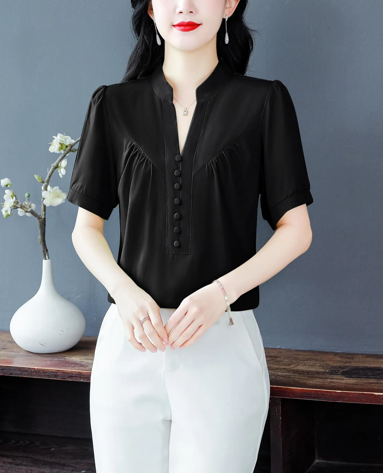 Solid Chiffon Blouse for Women Featuring Chic Button Decoration