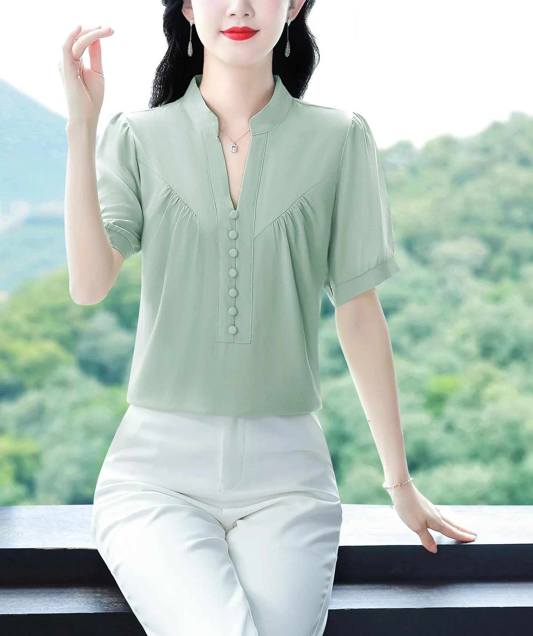 Solid Chiffon Blouse for Women Featuring Chic Button Decoration