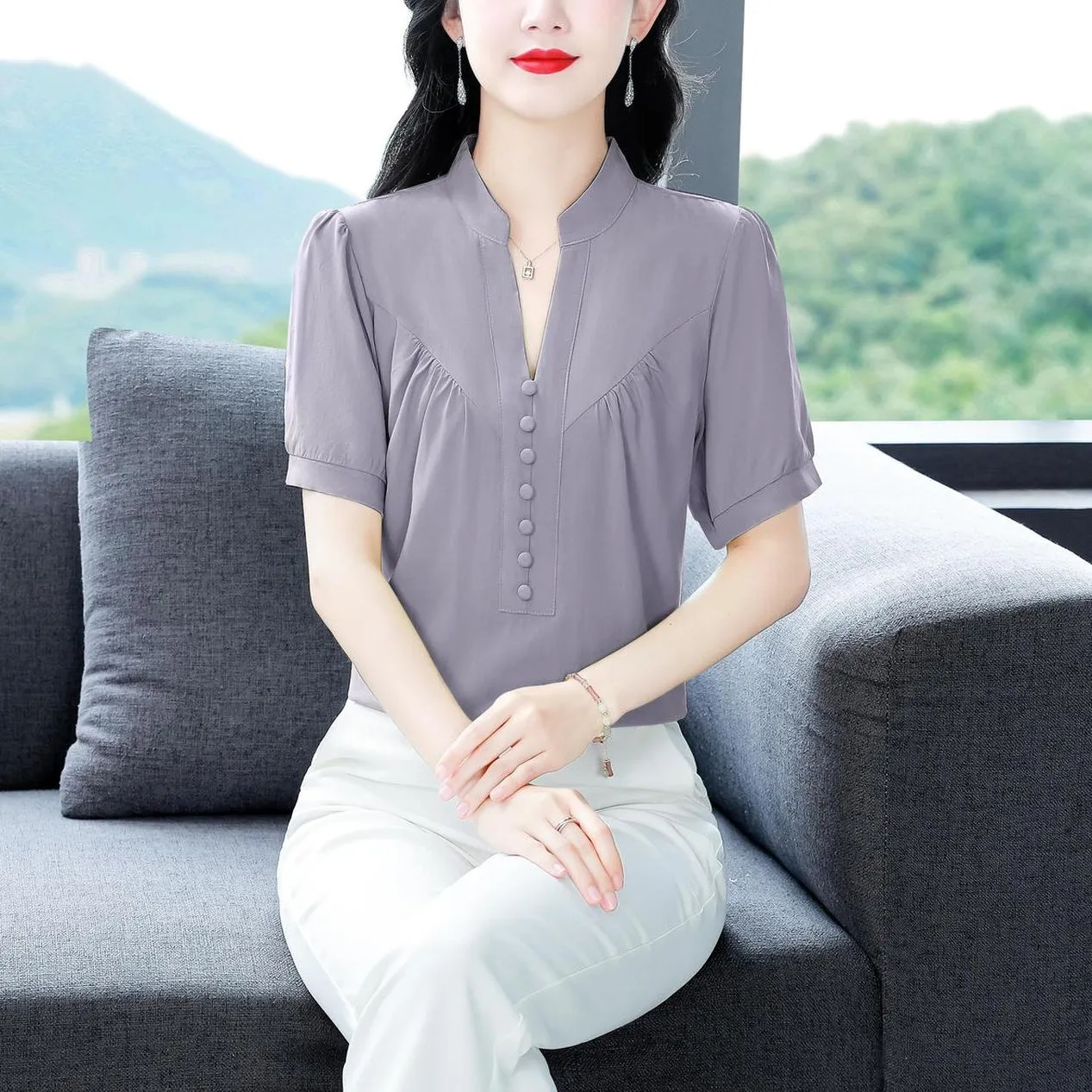 Solid Chiffon Blouse for Women Featuring Chic Button Decoration