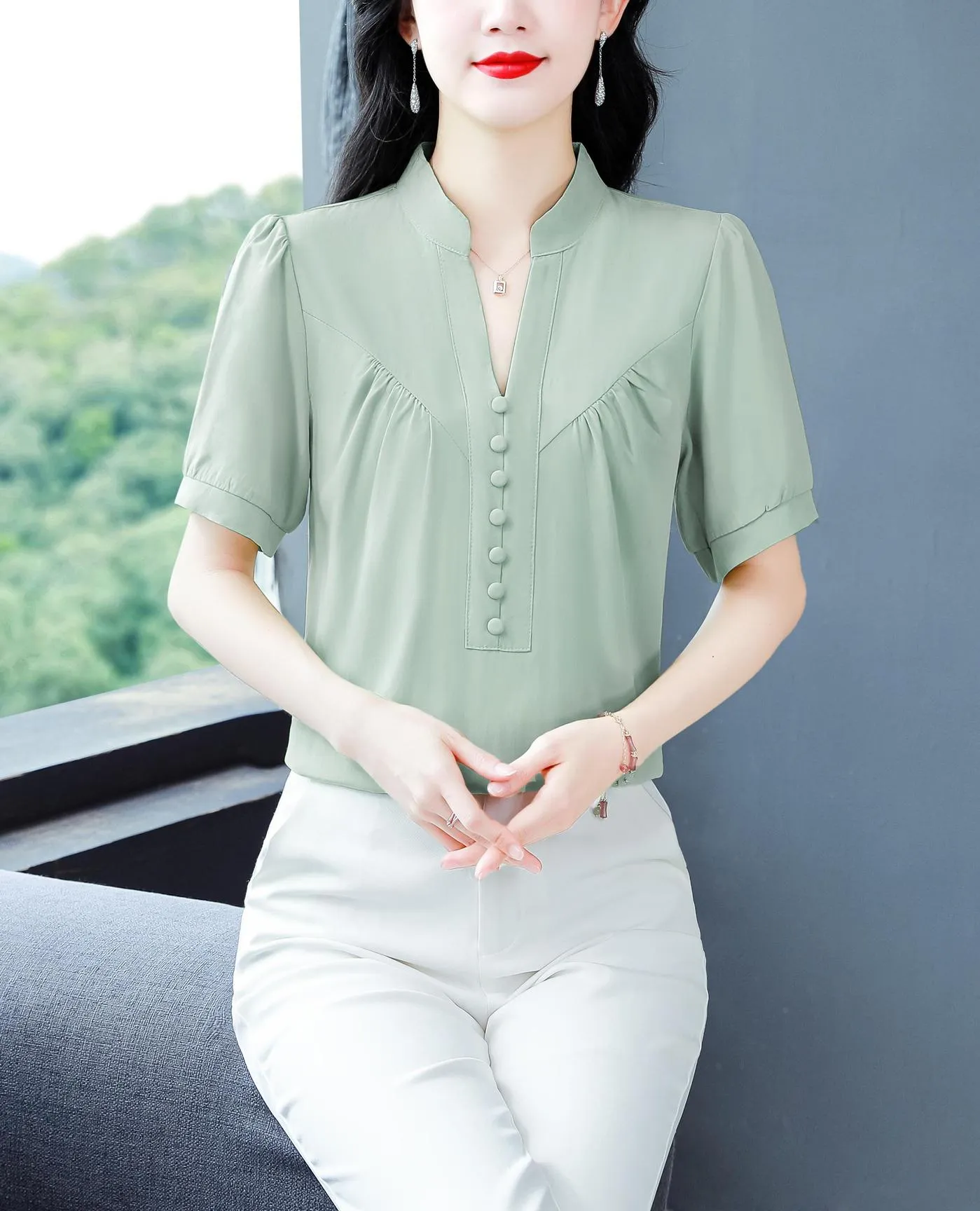Solid Chiffon Blouse for Women Featuring Chic Button Decoration
