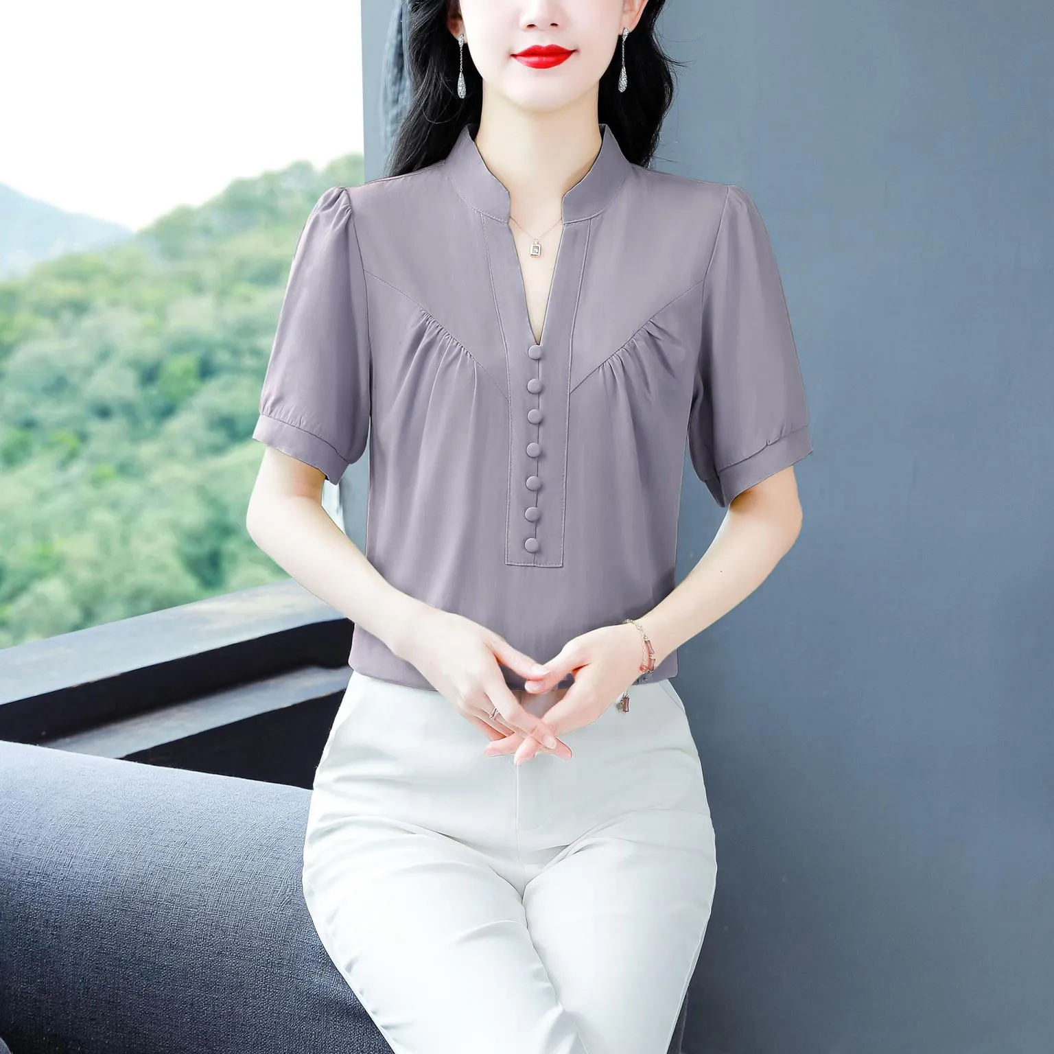 Solid Chiffon Blouse for Women Featuring Chic Button Decoration