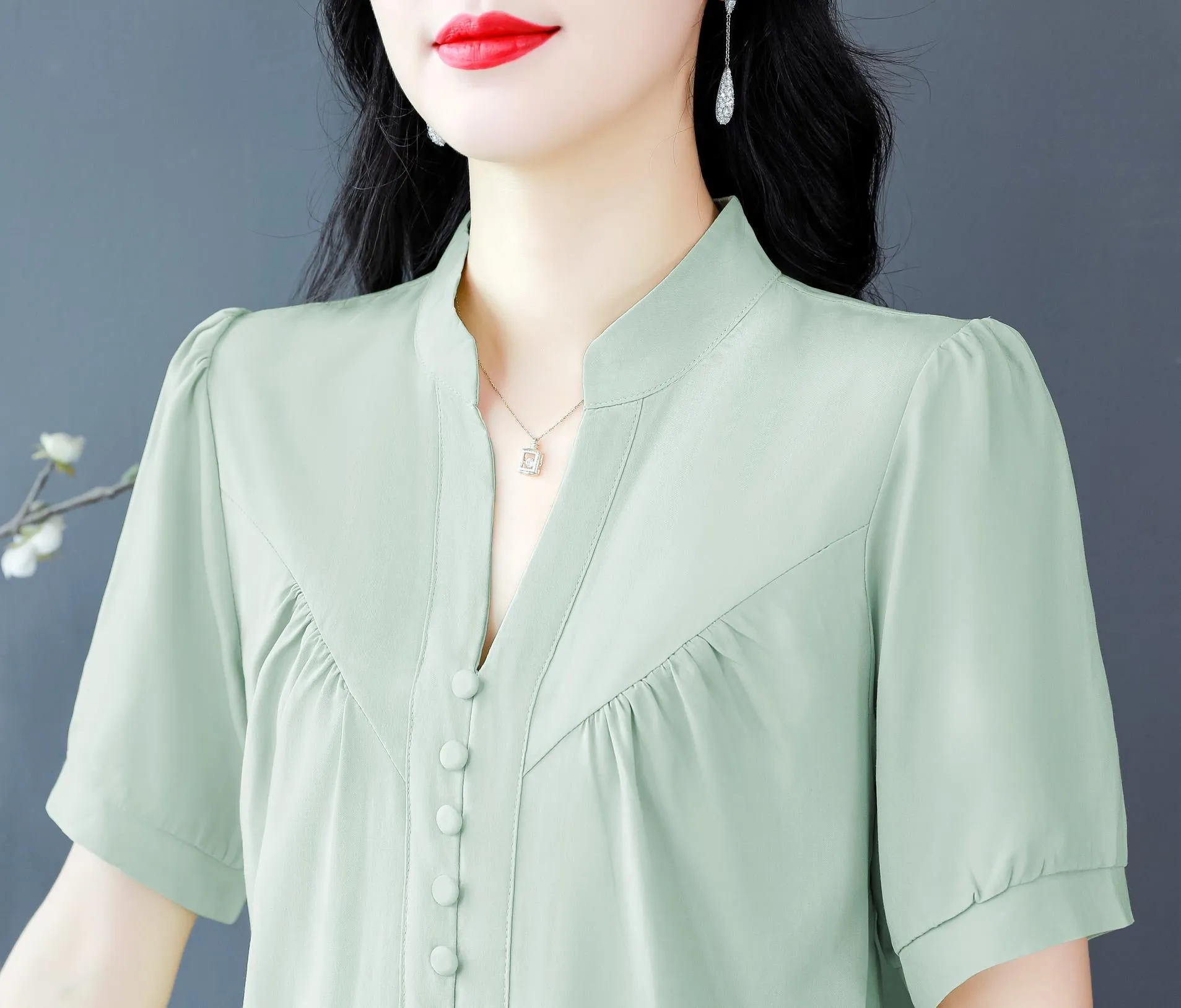 Solid Chiffon Blouse for Women Featuring Chic Button Decoration