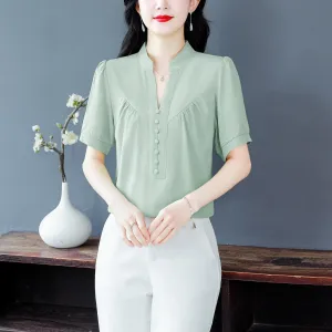 Solid Chiffon Blouse for Women Featuring Chic Button Decoration