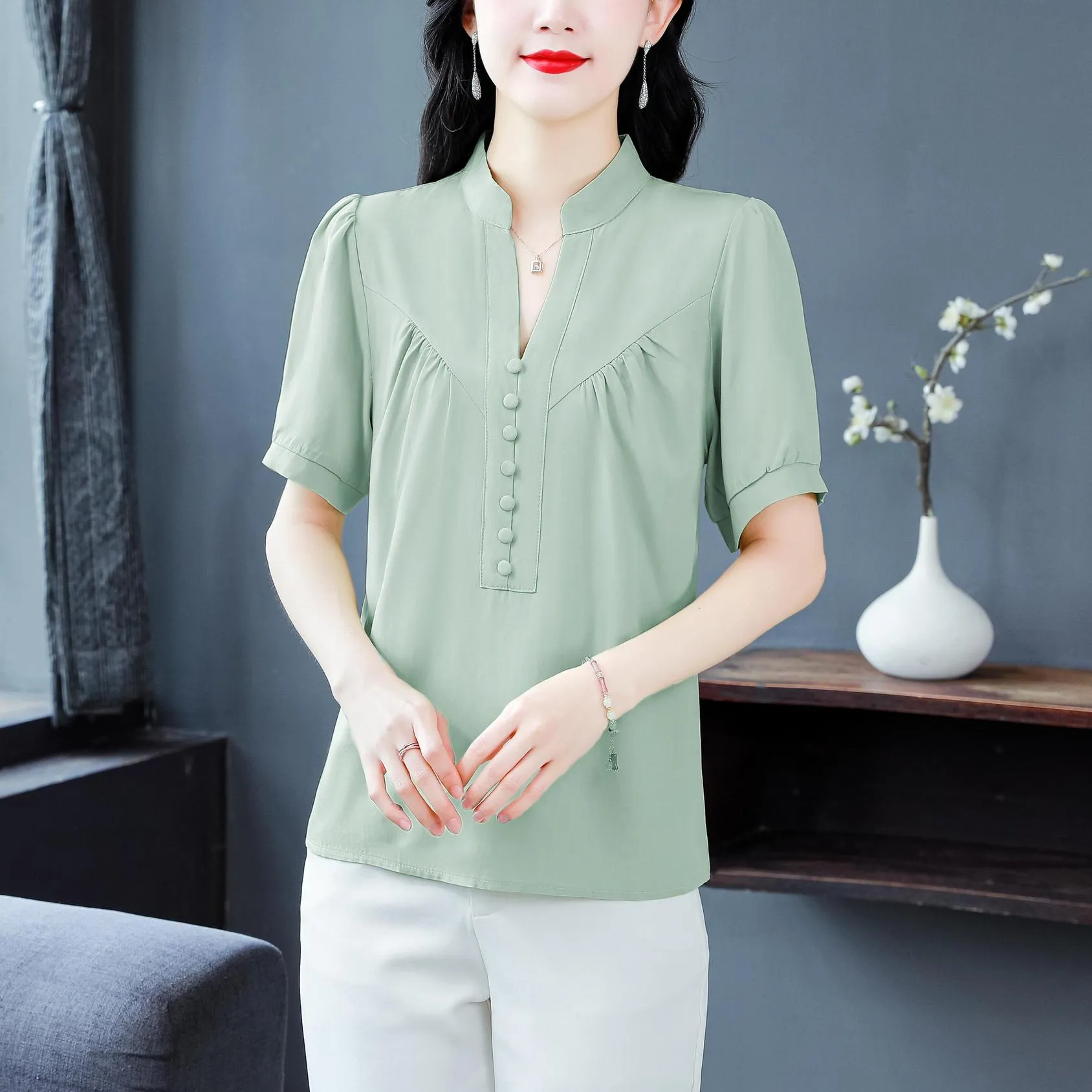 Solid Chiffon Blouse for Women Featuring Chic Button Decoration