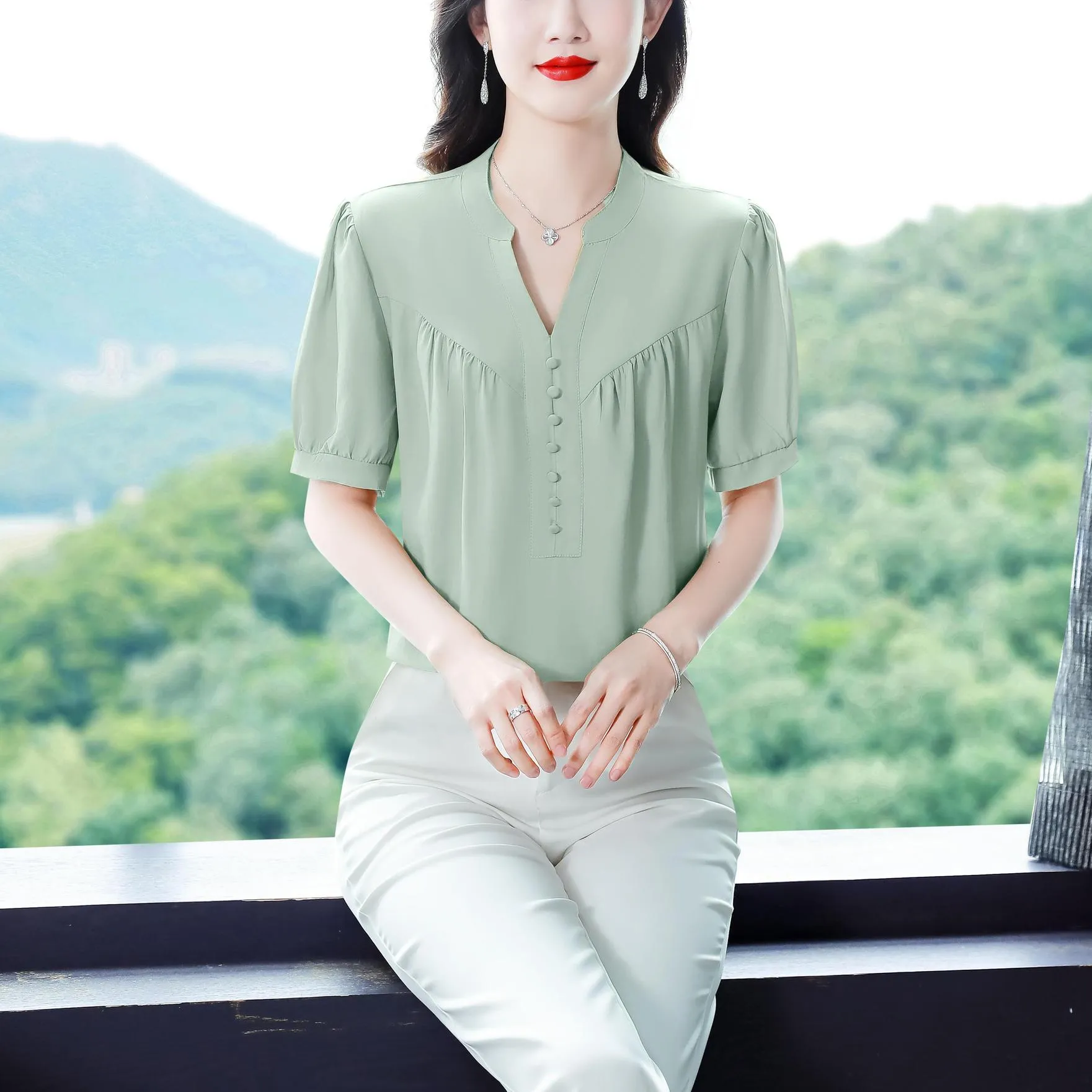 Solid Chiffon Blouse for Women Featuring Chic Button Decoration