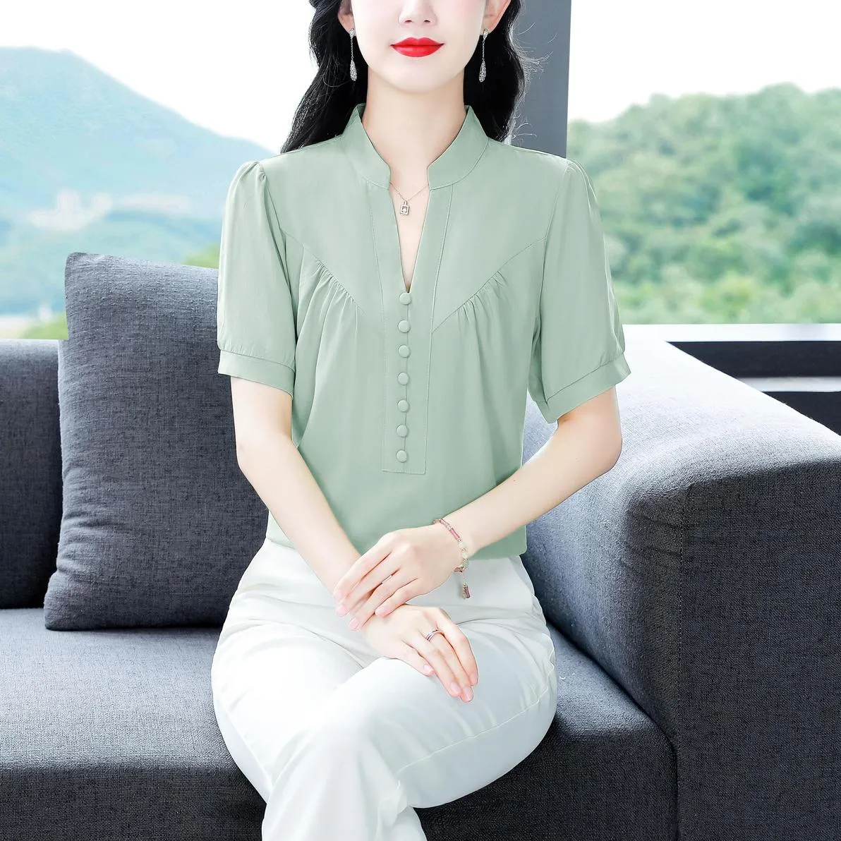 Solid Chiffon Blouse for Women Featuring Chic Button Decoration